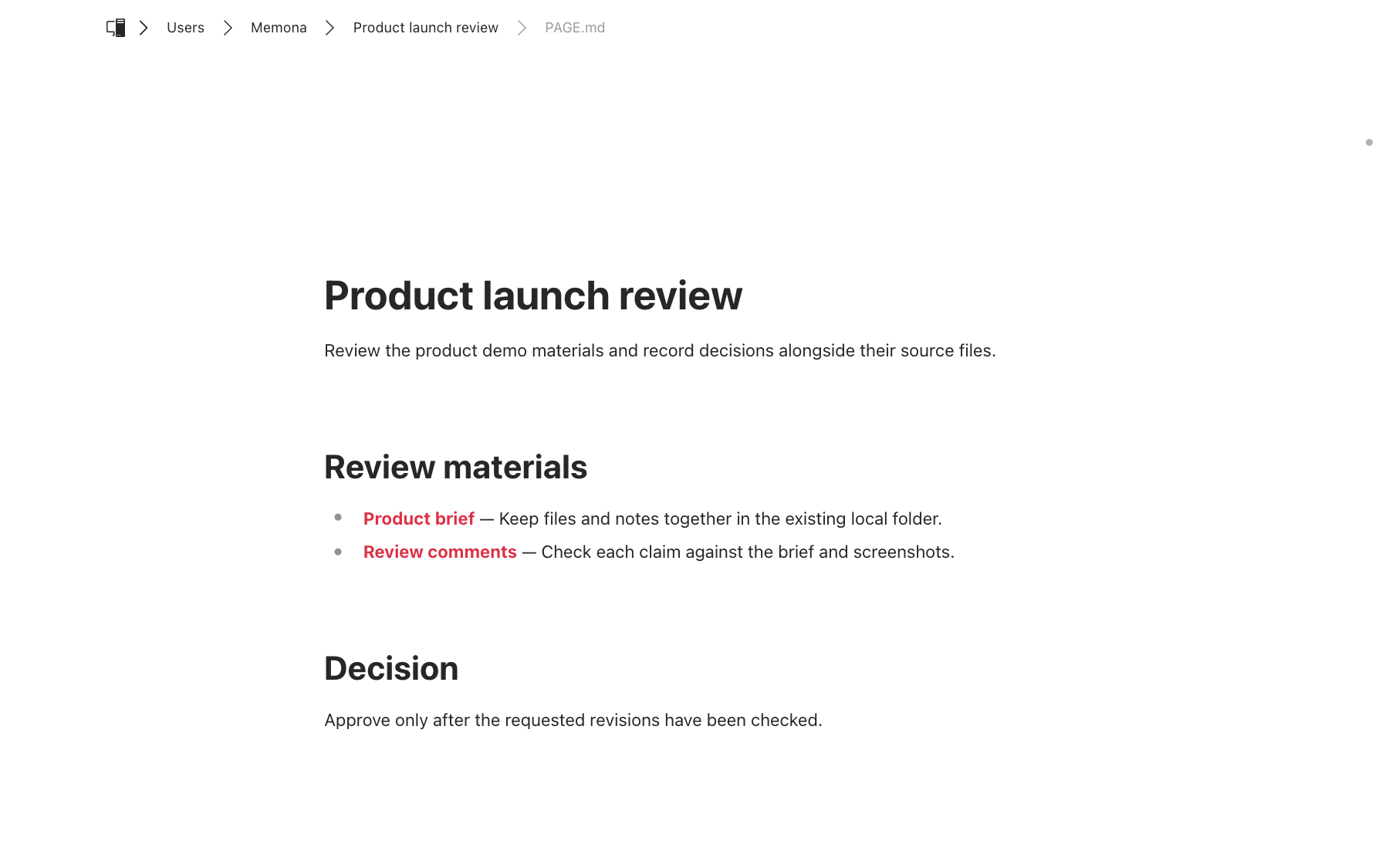 The Markdown file PAGE.md showing the goals and materials for a product launch review